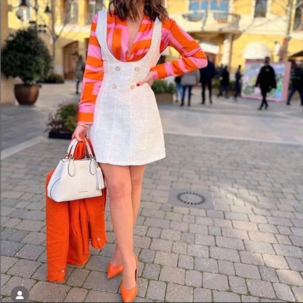 zara textured button pinafore mini dress white ❤️